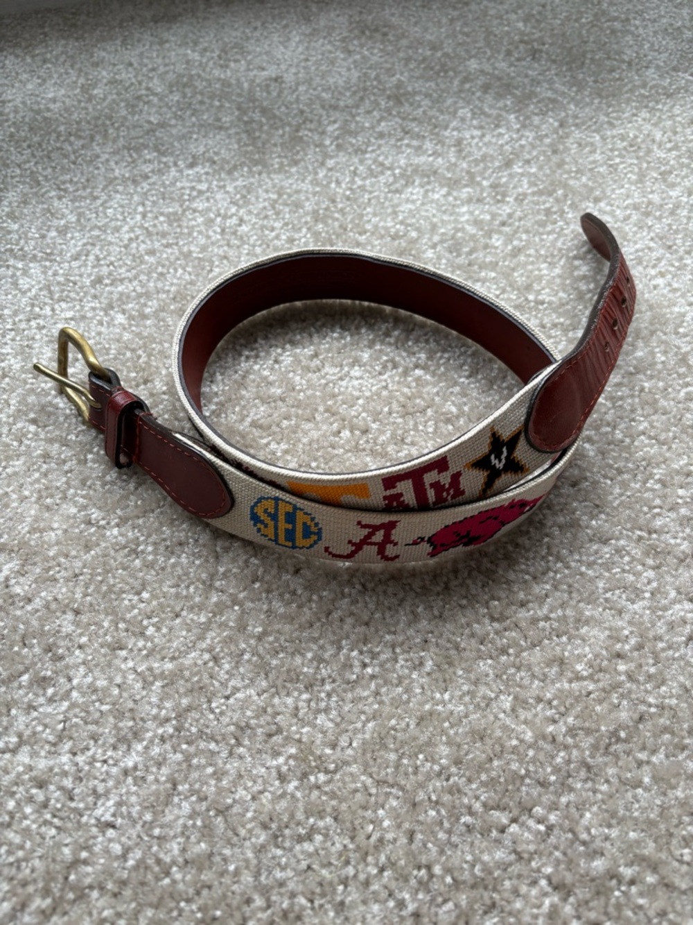 Smathers and Branson SEC Collegiate Needlepoint Belt with Brown Leather Trim